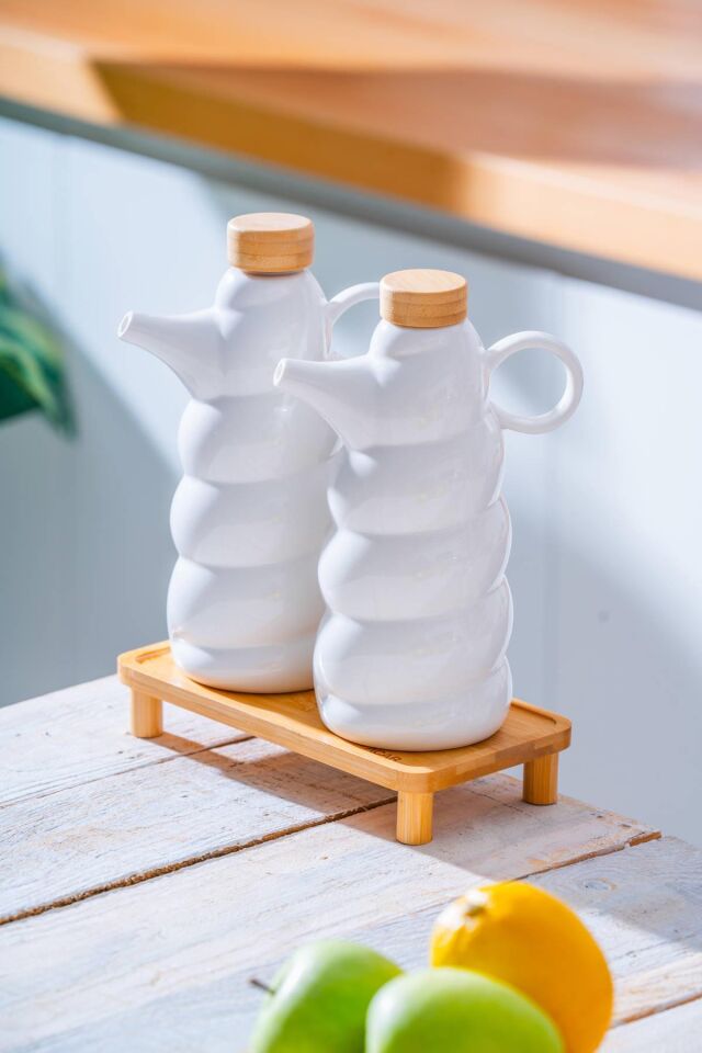 مجموعة زجاجات زيت وخل بحامل من الخيزران من باميرا - 600 مل