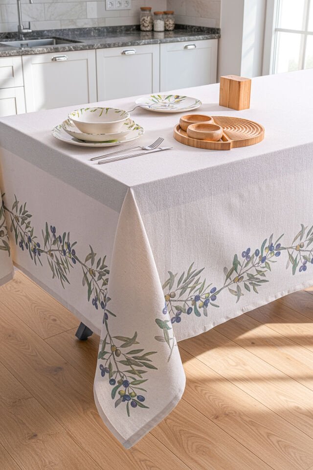 Olive Zeytin Desenli - Yumuşak Dokulu Keten Masa Örtüsü 160x220 cm