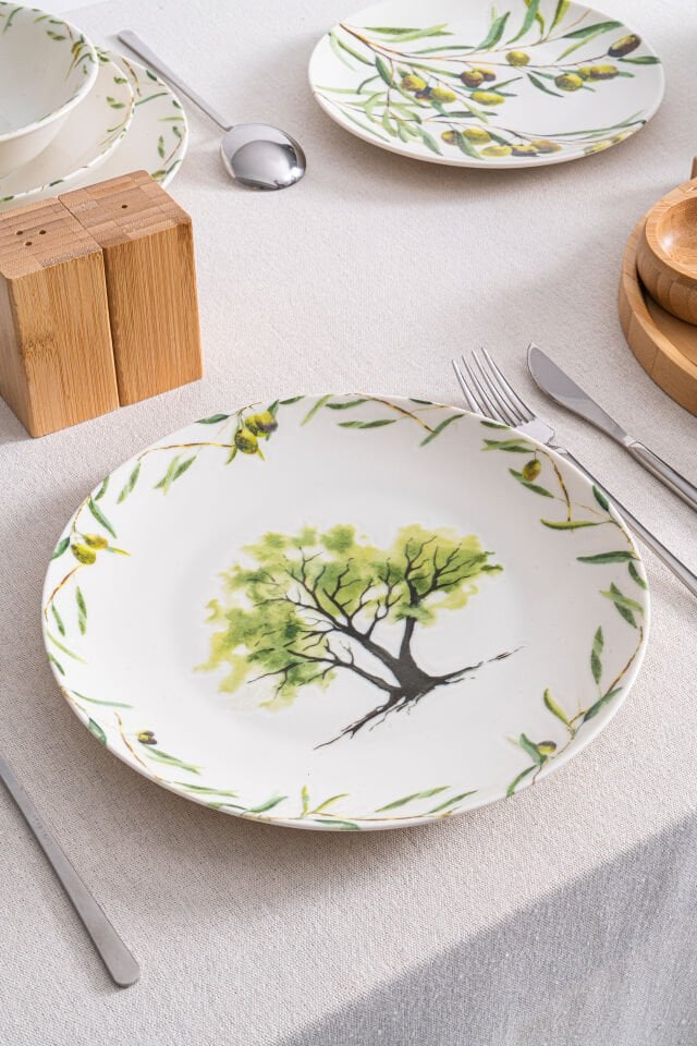 Olive 25 cm Servis Tabağı 6’lı Set – Akdeniz Zeytin Desenli Premium Porselen