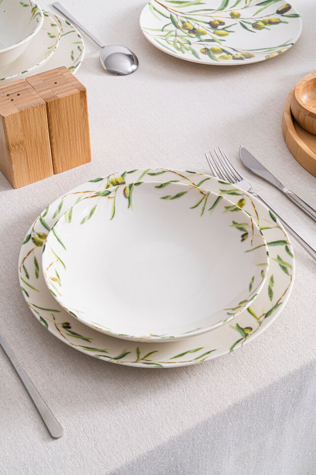 Olive Zeytin Desenli Premium Porselen 20 cm Yemek Tabağı 6’lı Set