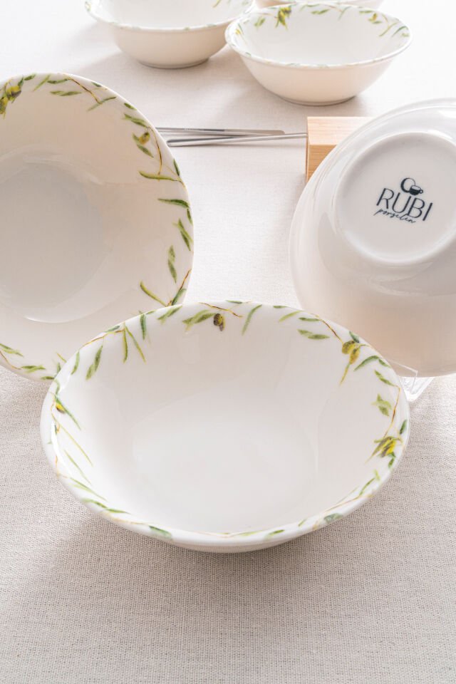 Olive Zeytin Desenli 16 cm 6’lı Porselen Çorba Kasesi Seti – Premium Akdeniz Koleksiyonu