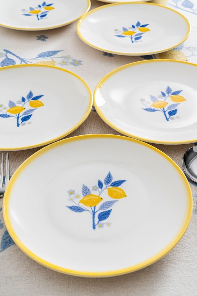 Limon Desenli 20 cm Premium Porselen Pasta & Kahvaltı Tabağı - 6 Adet