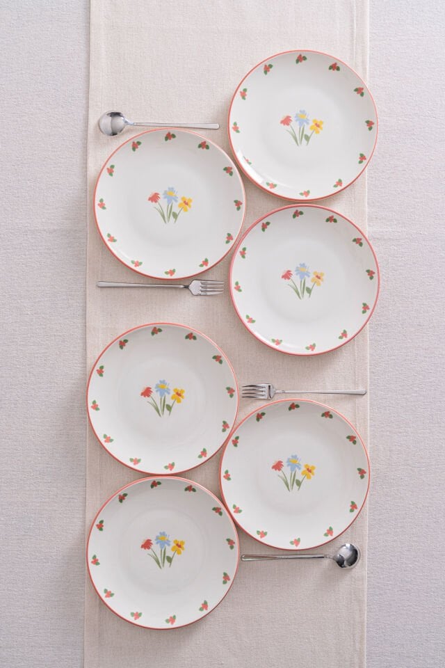 Liora Çiçek Desenli 20 cm Porselen Pasta & Kahvaltı Tabağı - 6 Adet