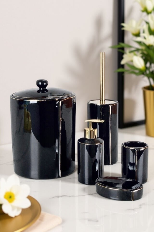 طقم حمام كوردوبا من البورسلين، مكون من 5 قطع، بتفاصيل ذهبية