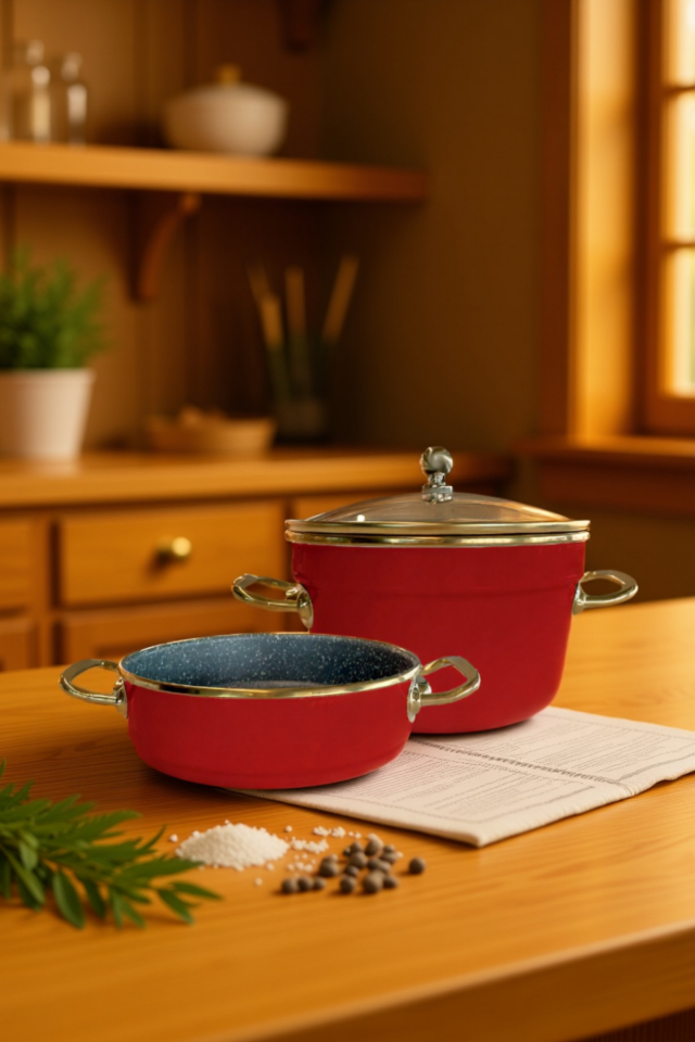 طقم أواني طهي من المينا من قطعتين من بالم، أحمر