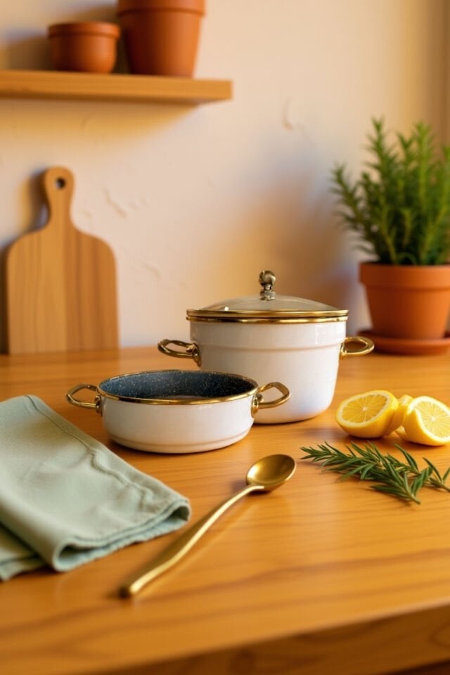 طقم أواني طهي بالم مطلي بالمينا مكون من قطعتين باللون الأبيض