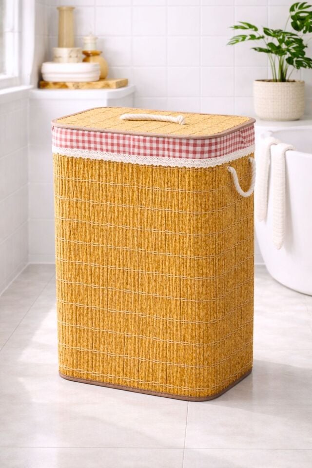 سلة غسيل متعددة الأغراض بمظهر الروطان مع غطاء 40 × 30 × 60 سم