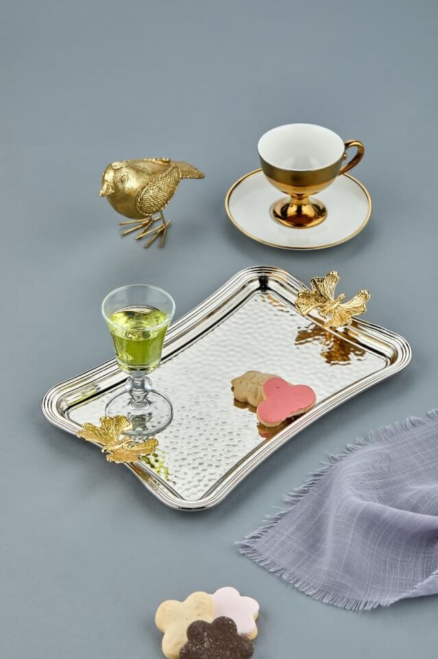 Butterfly Detailed Metal Serving Tray Silver 26 cm