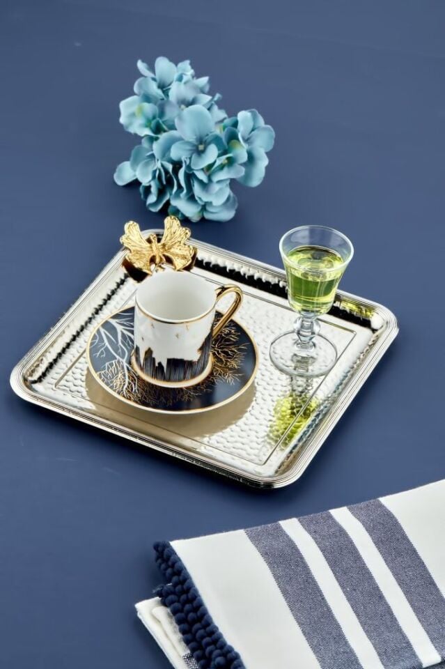 Butterfly Detailed Metal Serving Tray Silver 22 cm