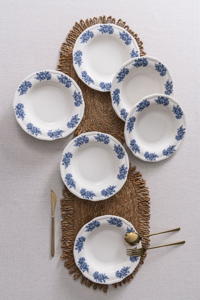 Vintage Flowers Blue 22 cm 6’lı Porselen Yemek Tabağı Seti