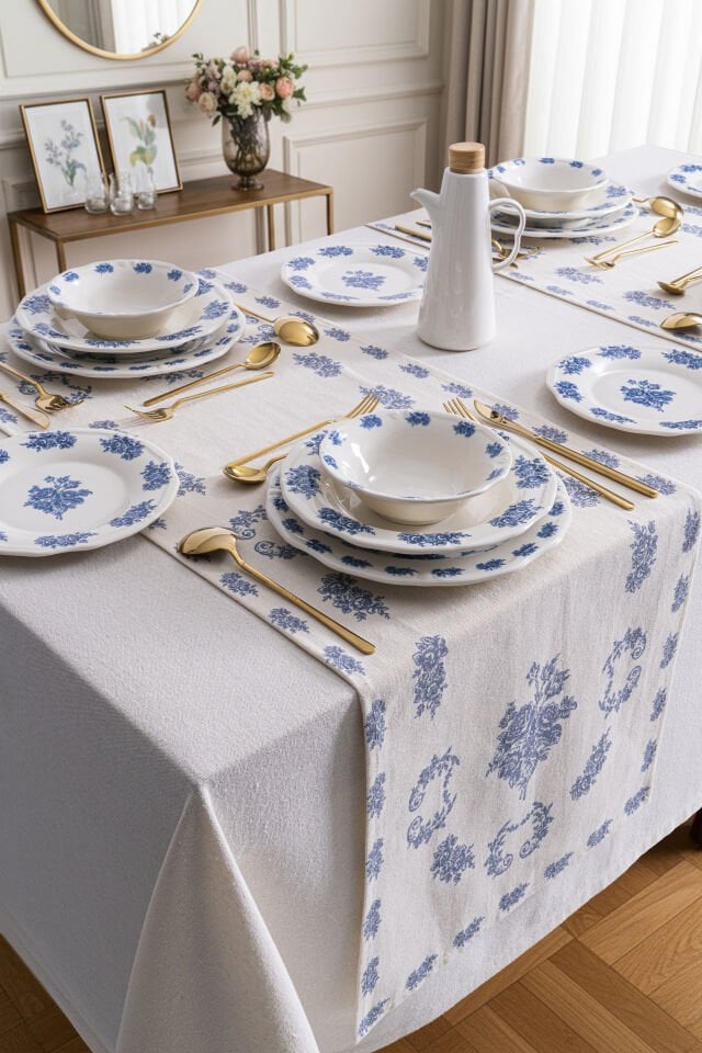 Vintage Flowers Blue 48 Parça 12 Kişilik Porselen Yemek Takımı