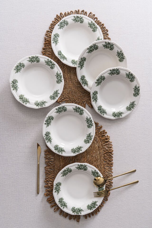 Vintage Flowers Green 22 cm 6’lı Porselen Yemek Tabağı Seti