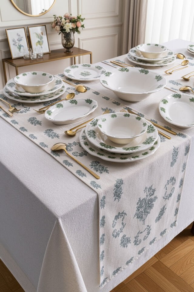 Vintage Flowers Green 48 Parça 12 Kişilik Porselen Yemek Takımı