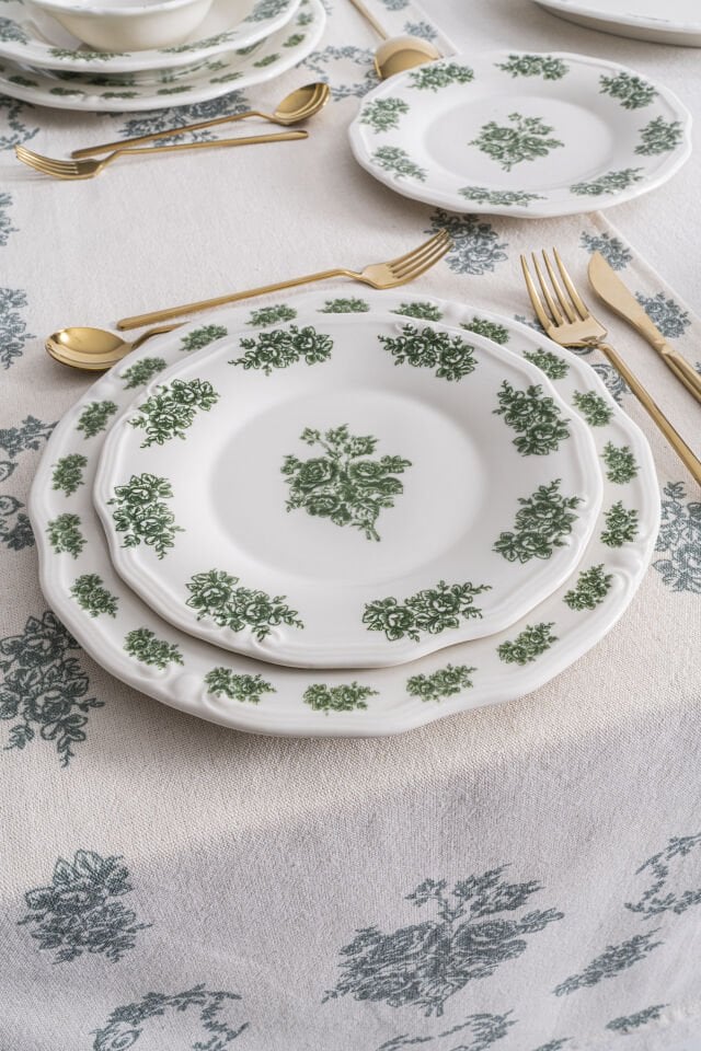Vintage Flowers Green 24 Parça 6 Kişilik Porselen Yemek Takımı