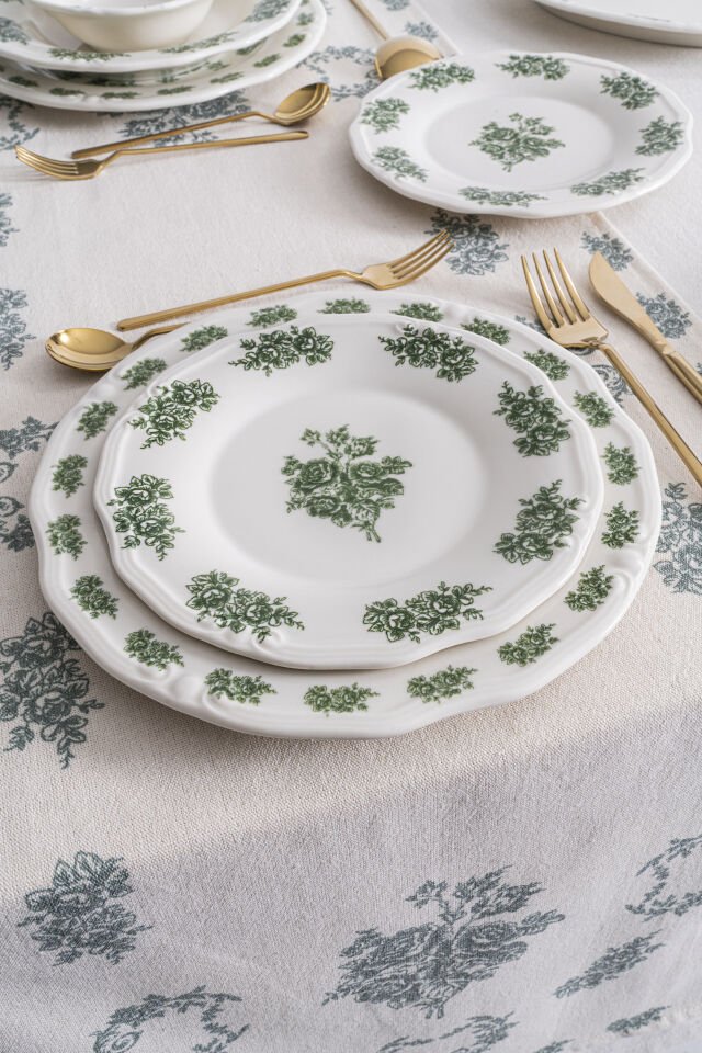 Vintage Flowers Green 24 Parça 6 Kişilik Porselen Yemek Takımı