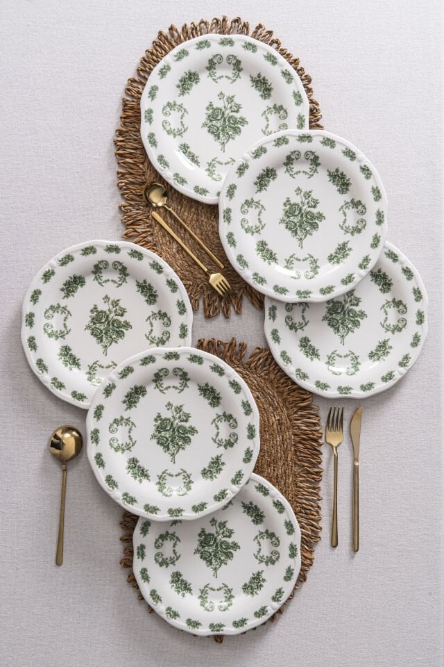 Vintage Flowers Green 25 cm 6’lı Porselen Servis Tabağı Seti