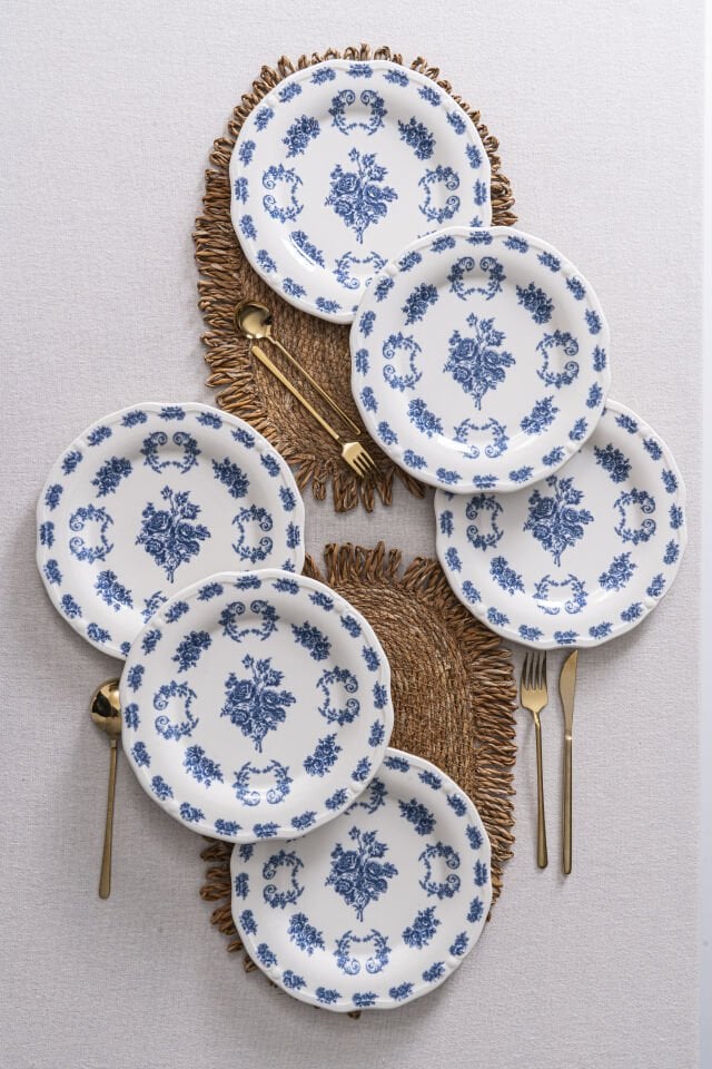 Vintage Flowers Blue 25 cm 6’lı Porselen Servis Tabağı Seti
