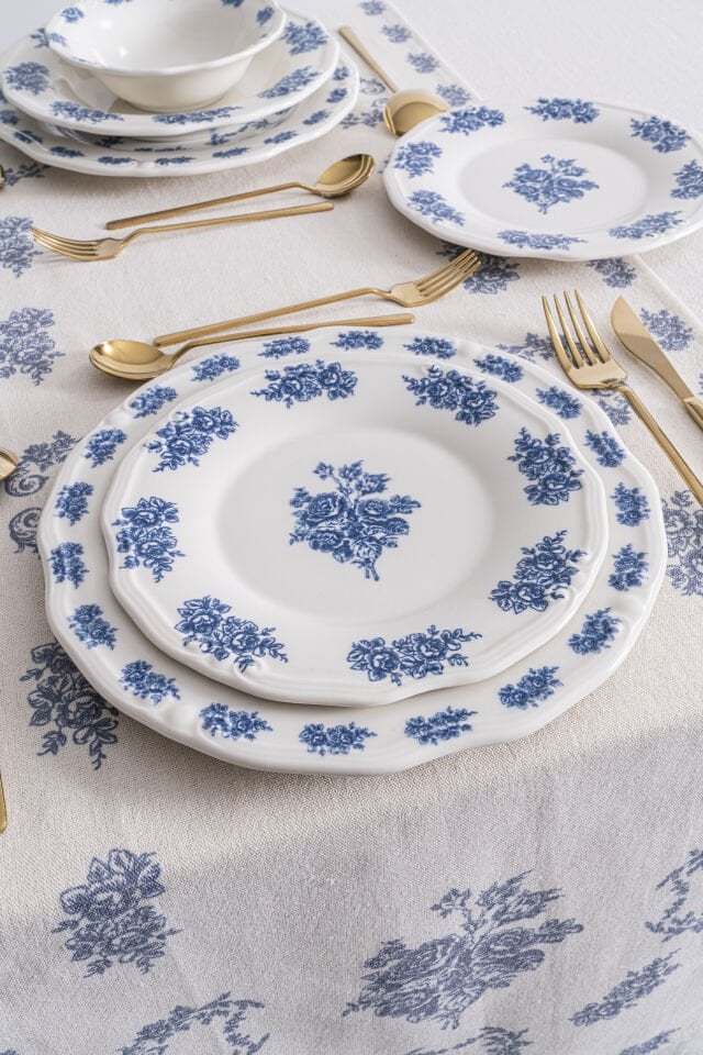 Vintage Flowers Blue 19 cm 6’lı Porselen Tatlı & Pasta Tabağı Seti