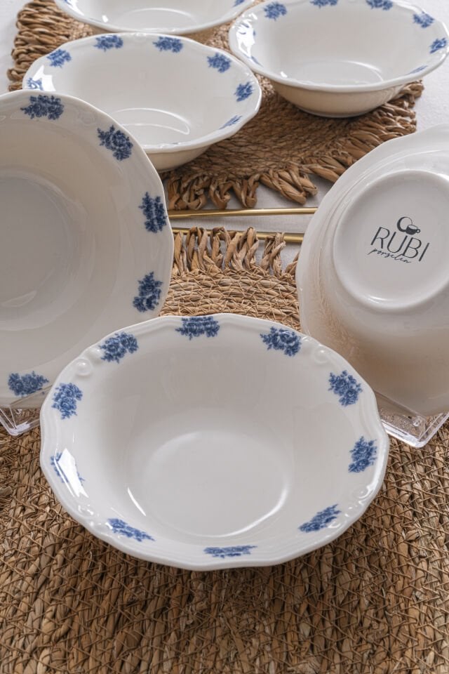 Vintage Flowers Blue 15 cm 6’lı Porselen Çorba Kasesi Seti