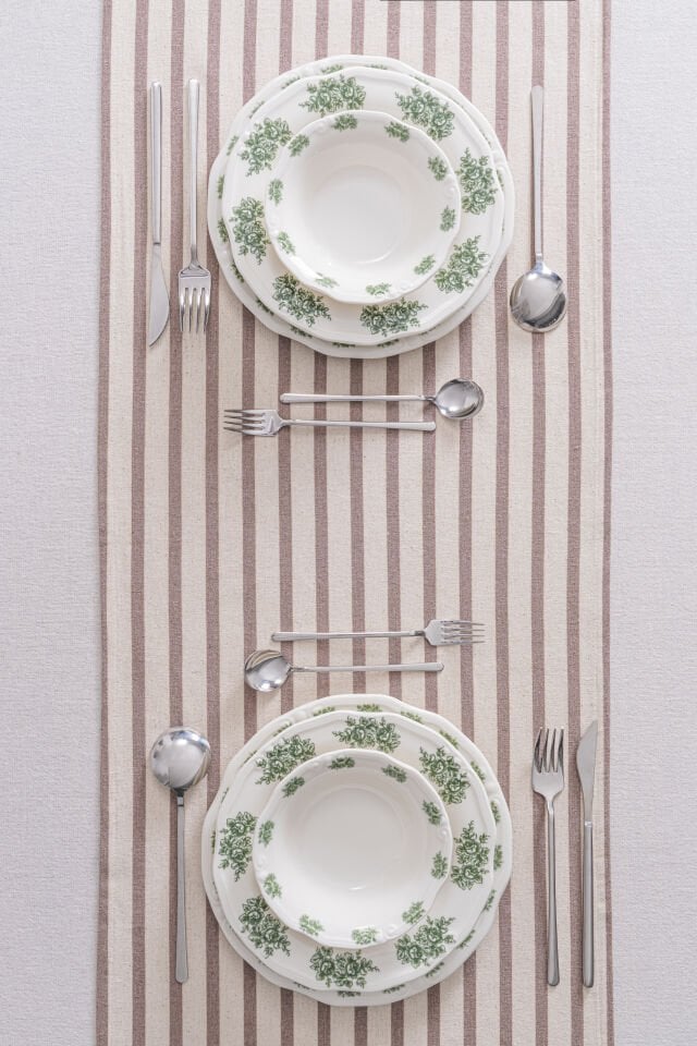 Kahverengi Çizgili Keten Runner 40x140 cm - Yumuşak Dokulu