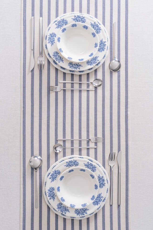 Lacivert Çizgili Keten Runner 40x140 cm - Yumuşak Dokulu