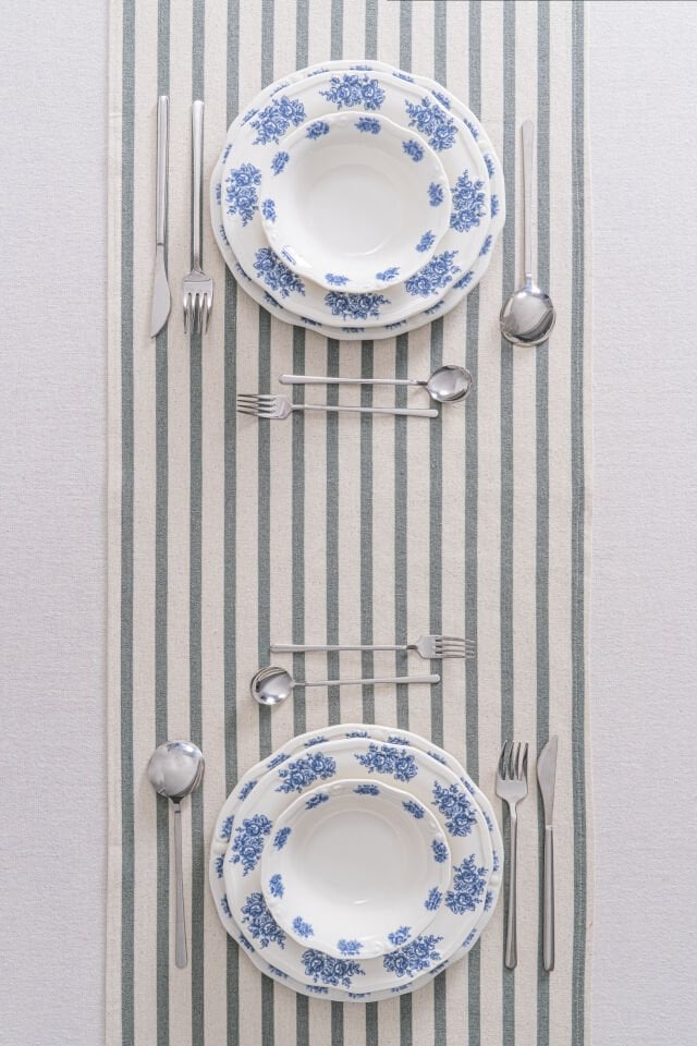 Yeşil Çizgili Keten Runner 40x140 cm - Yumuşak Dokulu