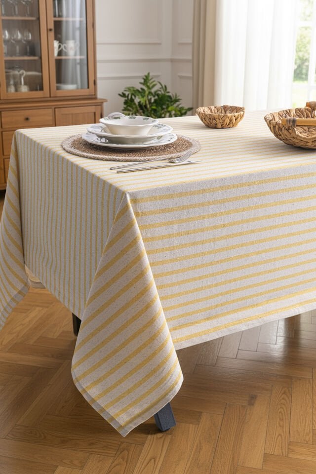 Sarı Çizgili Keten Masa Örtüsü 160x220 cm - Yumuşak Dokulu