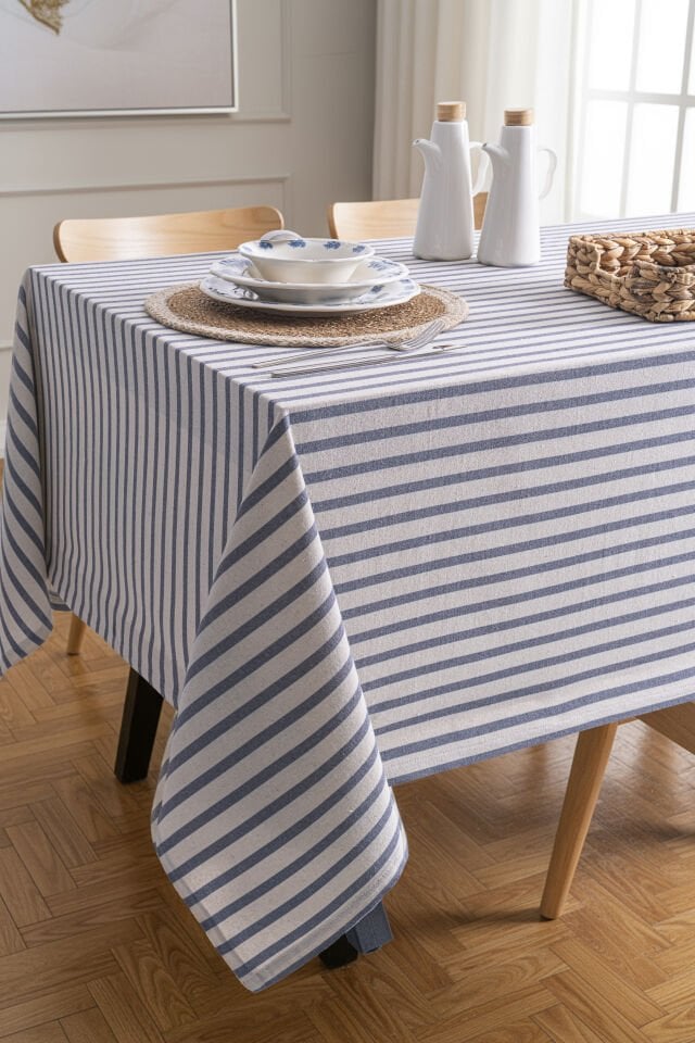 Lacivert Çizgili Keten Masa Örtüsü 160x220 cm - Yumuşak Dokulu