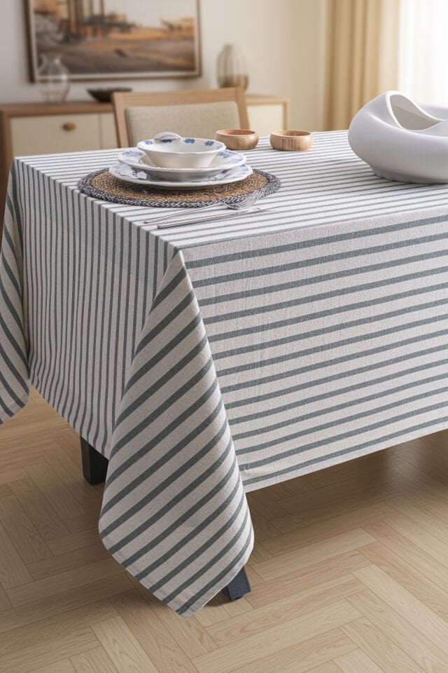 Yeşil Çizgili Keten Masa Örtüsü 160x220 cm - Yumuşak Dokulu