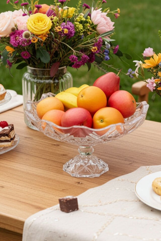 Kristal Desenli 38x38x22 cm Ayaklı Meyvelik – Şeffaf Lüks Sunum Kasesi