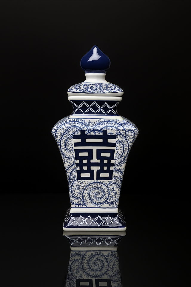 Porselen Lacivert Kapaklı Dekoratif Küp Vazo