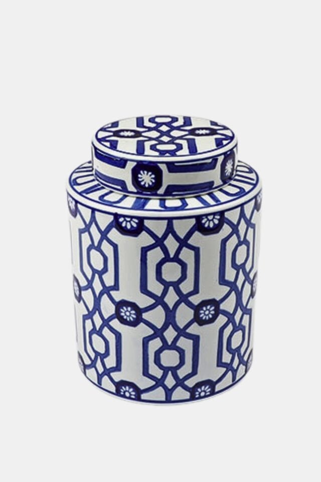 Porselen Lacivert Desenli Silindir Küp 15,5x20,5 cm – Kapaklı Dekoratif Obje