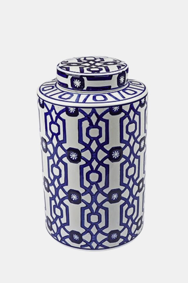 Porselen Lacivert Desenli Silindir Küp 17,5x30 cm – Kapaklı Dekoratif Vazo Obje