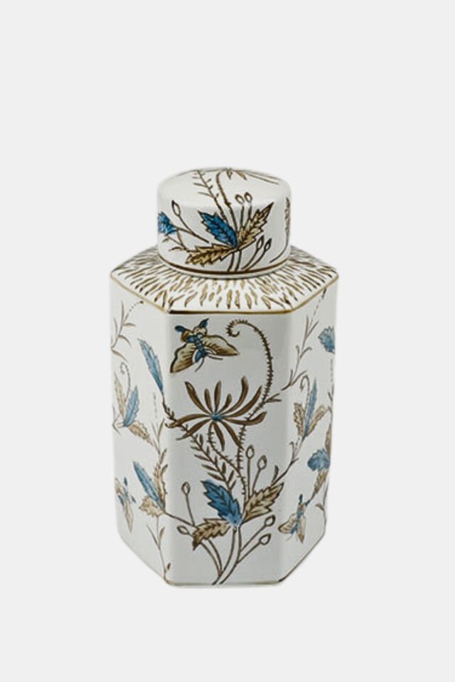 Mavi Gold Desenli Porselen Silindir Küp Vazo