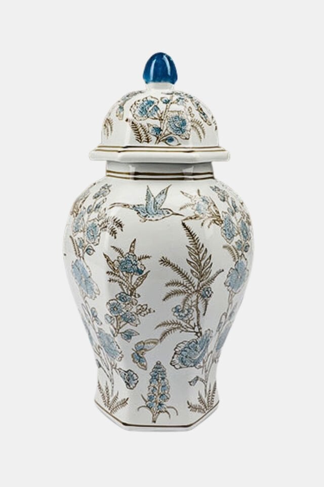 Porselen Şah Küp - Mavi Desenli Kapaklı Dekoratif Obje