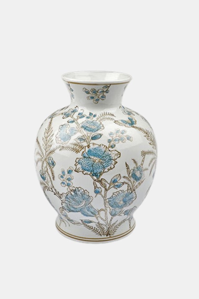 Porselen Tombul Vazo 17x22,5 cm – Mavi Desenli Dekoratif Obje