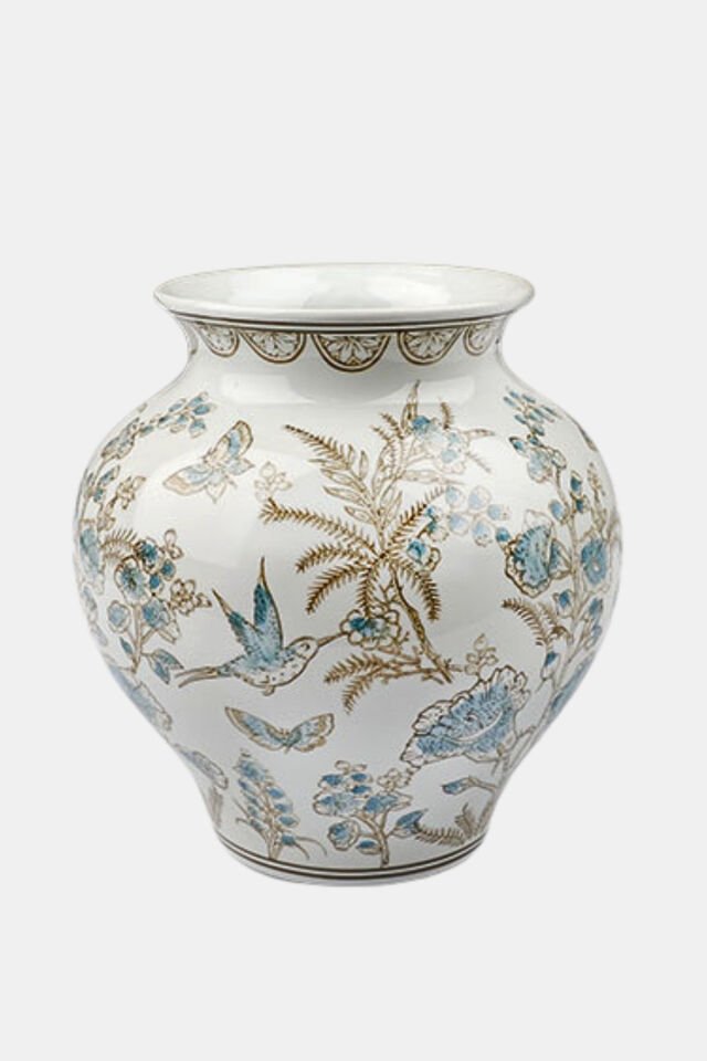 Porselen Tombul Vazo 21,5 x 22 cm – Mavi Desenli Dekoratif Obje