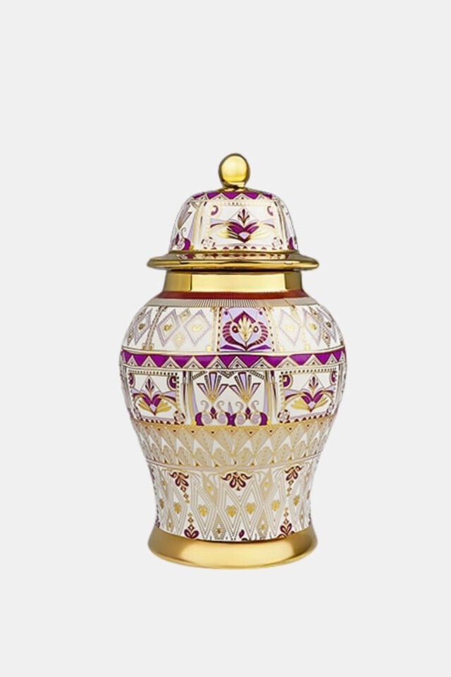 Mor Gold Desenli Büyük Kapaklı Seramik Küp 17x17x35 cm