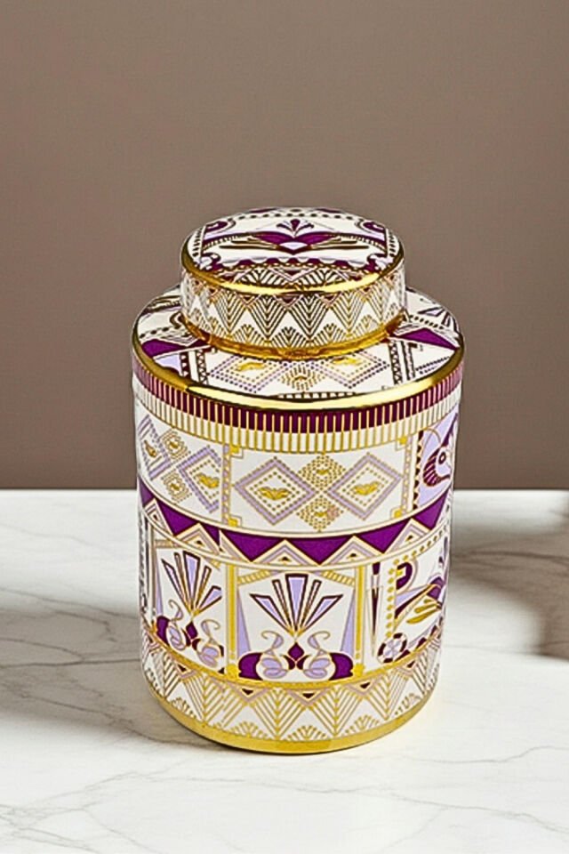 Gold Desenli Silindir Seramik Vazo 13 x 13 x 20 cm