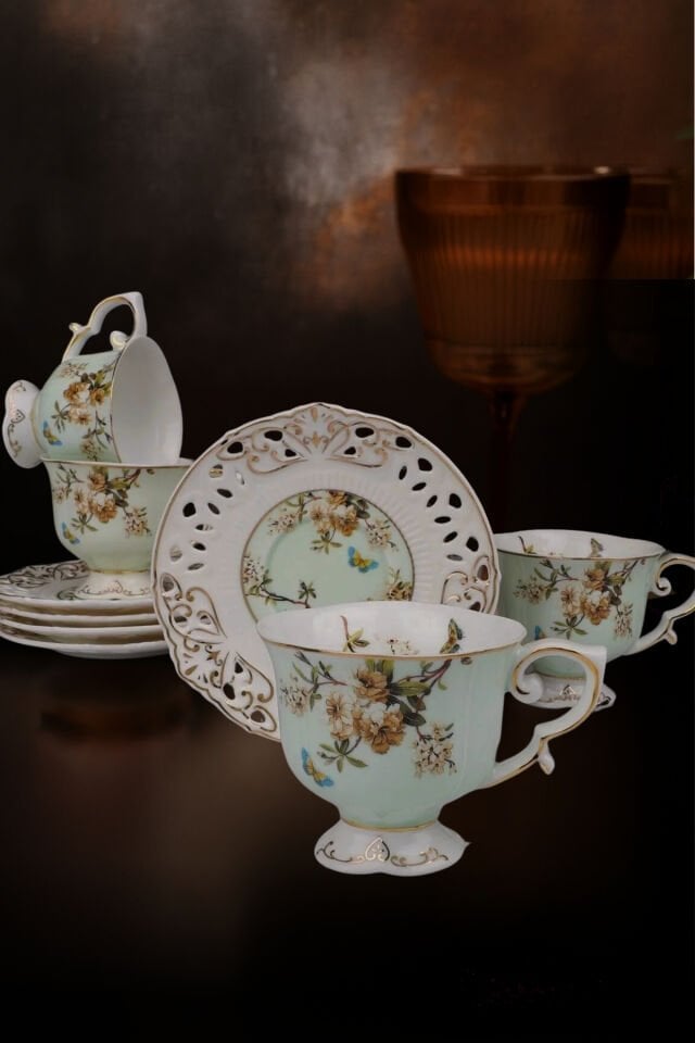 Flower Yeşil Altın 6’lı Ayaklı Kahve Fincan Takımı