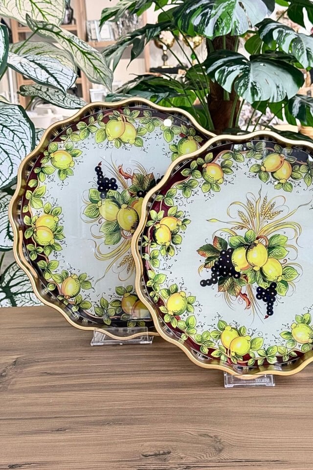 Gold Detaylı 2’li Ahşap Gövdeli Cam Tepsi Seti – Kadife Arka Yüzeyli