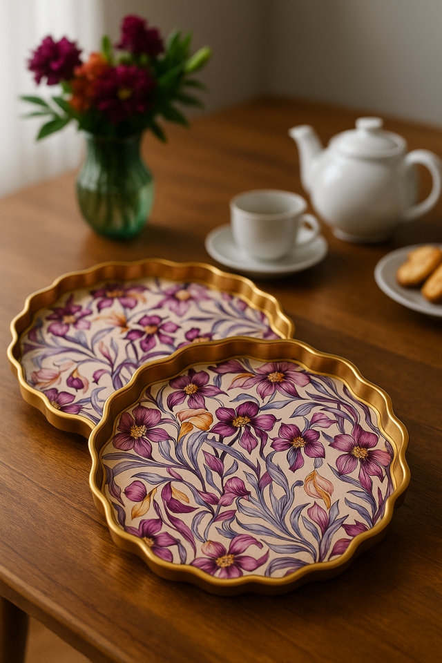 Gold Detaylı 2’li Ahşap Gövdeli Cam Tepsi Seti – Kadife Arka Yüzeyli