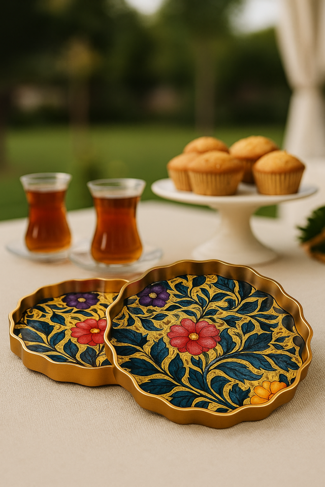 Gold Detaylı 2’li Ahşap Gövdeli Cam Tepsi Seti – Kadife Arka Yüzeyli