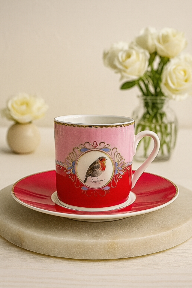 Kuş Figürlü Pembe-Kırmızı Kahve Fincan Seti 6’lı – Gold Detaylı