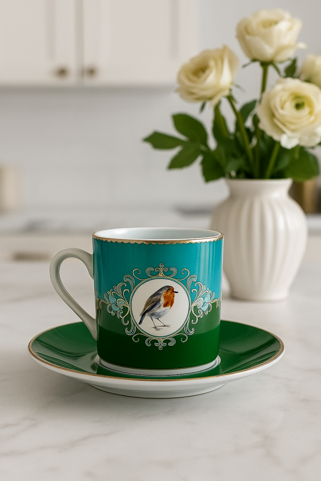 Kuş Figürlü Yeşil - Mavi Fincan Seti 6’lı – Gold Detaylı