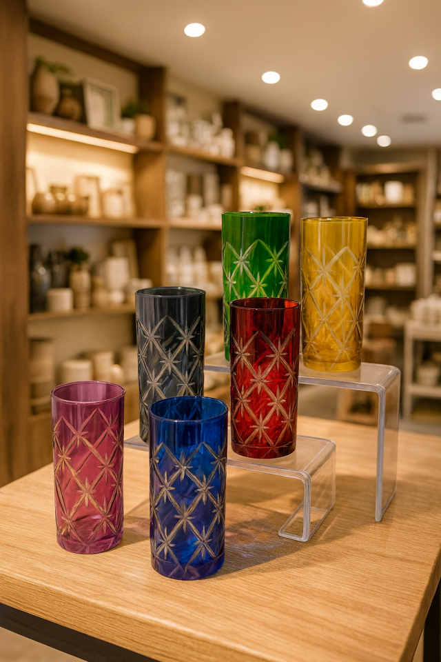 Renkli 6'lı Kristal Kesme İşlemeli Kahve Yanı Bardak Seti