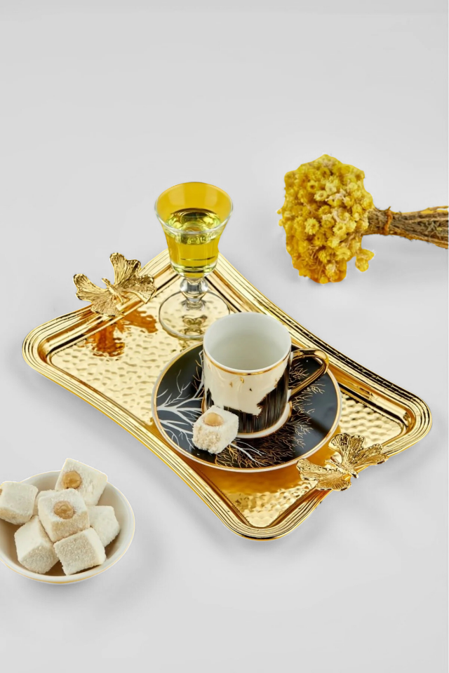 Kelebek Detaylı Metal Sunum Tepsisi Gold 26 Cm