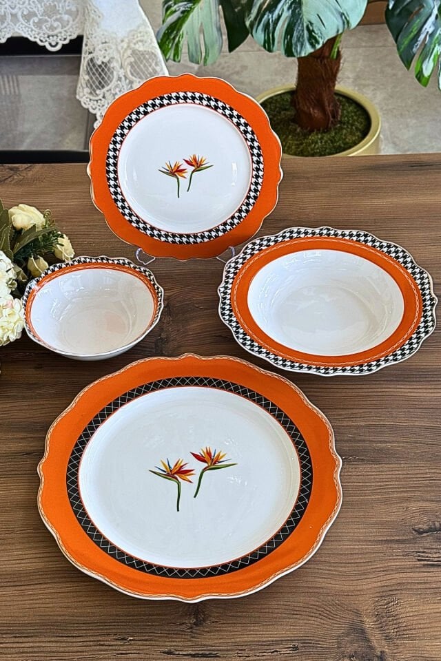 Orchid Orange 24 Parça 6 Kişilik Desenli Porselen Yemek Takımı
