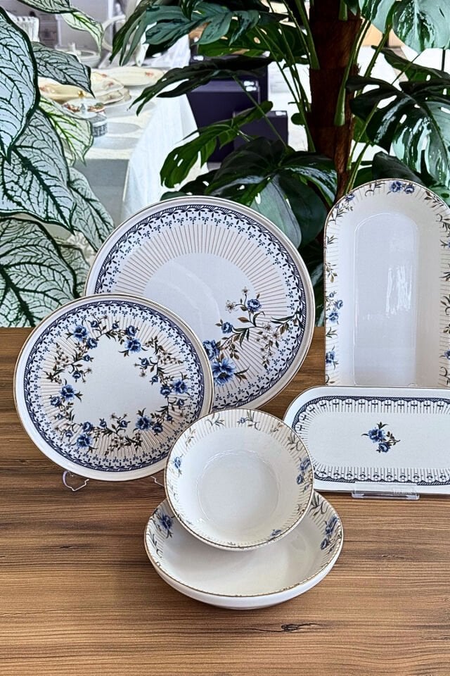 Blue Garden 27 Parça 6 Kişilik Gold Detaylı Porselen Yemek Takımı