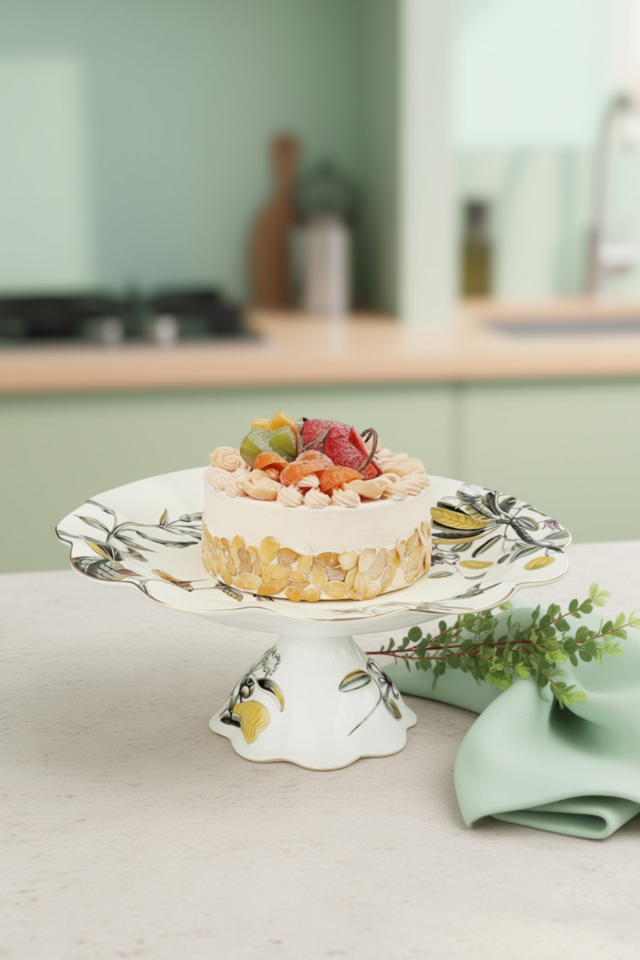 Flora Kuş Desenli Porselen Pasta & Kek Standı